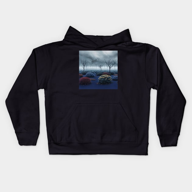 Surreal Blue Natural Landscape with Round Bushes Kids Hoodie by CursedContent